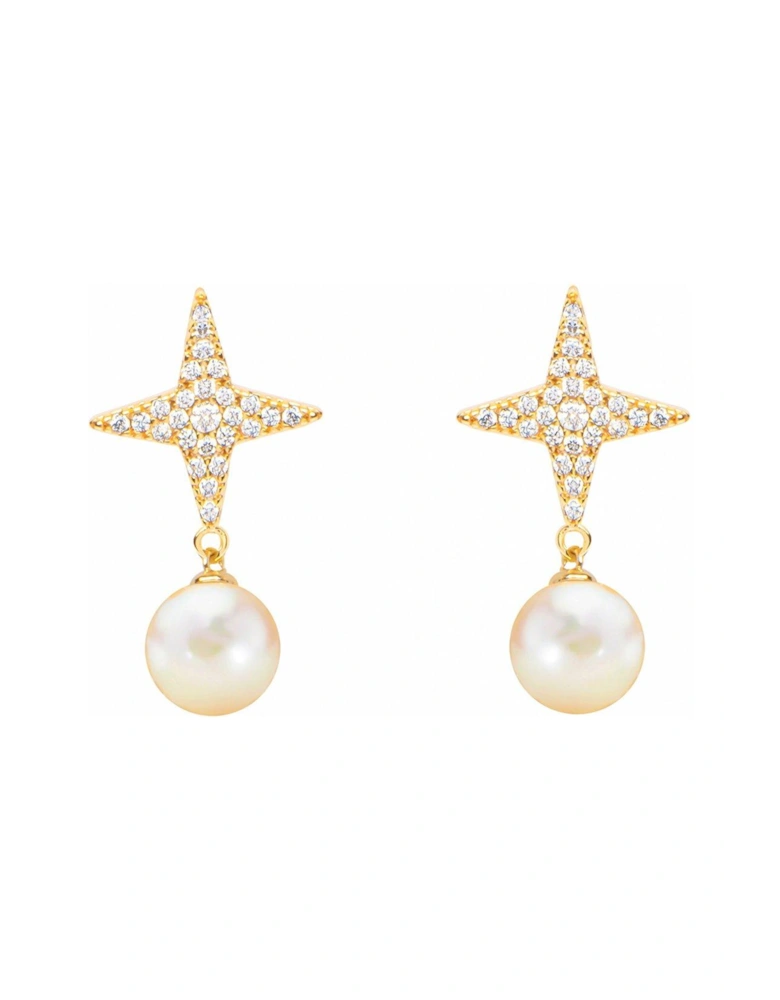 18ct Gold Plated Sterling Silver Star CZ Pearl Drop Earrings