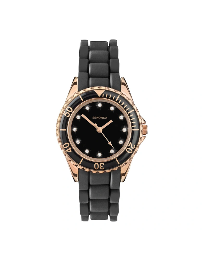 Ladies Black Silicone Strap with Black Dial Watch