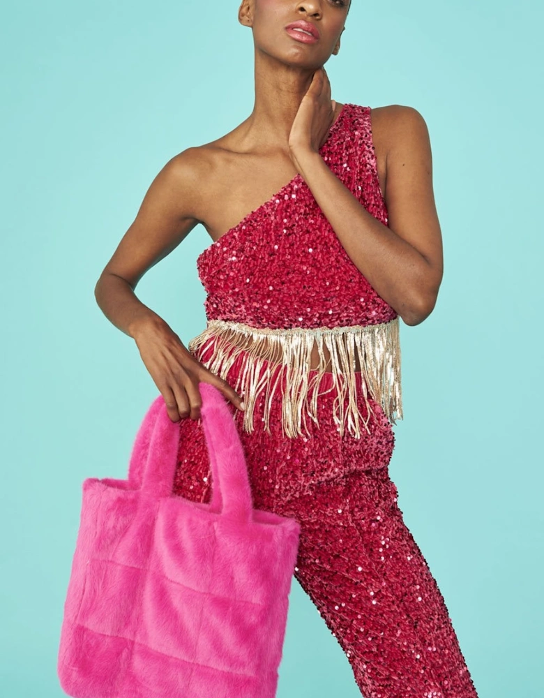Pink Sequin One shoulder cropped top with Sequin Tassels