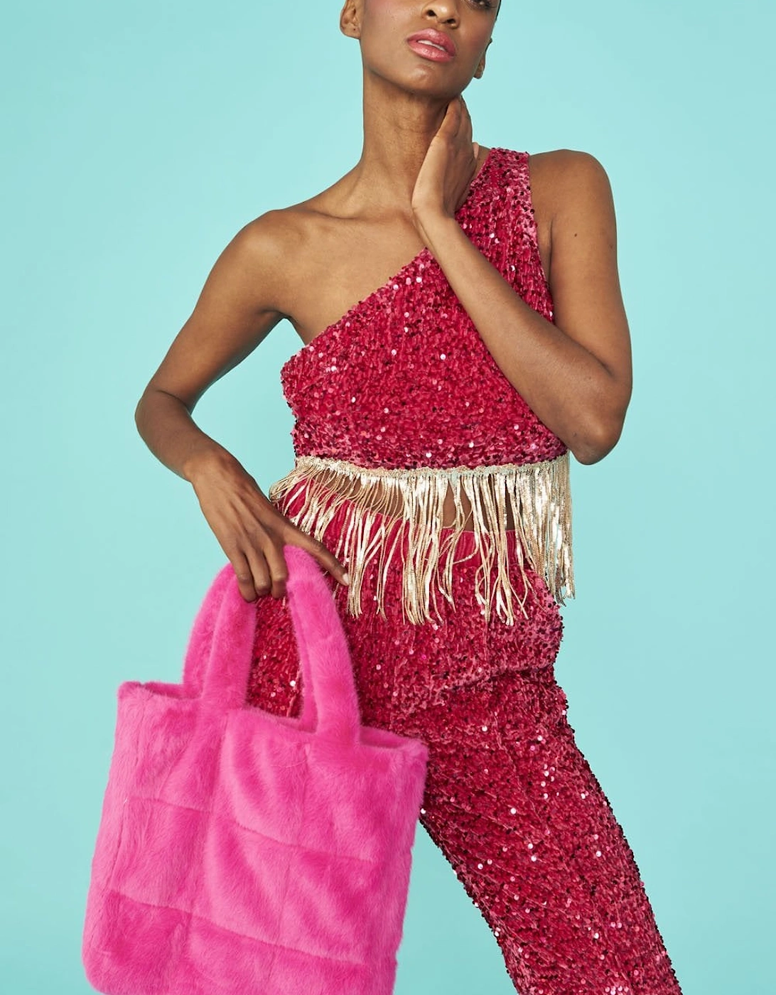 Pink Sequin One shoulder cropped top with Sequin Tassels, 7 of 6