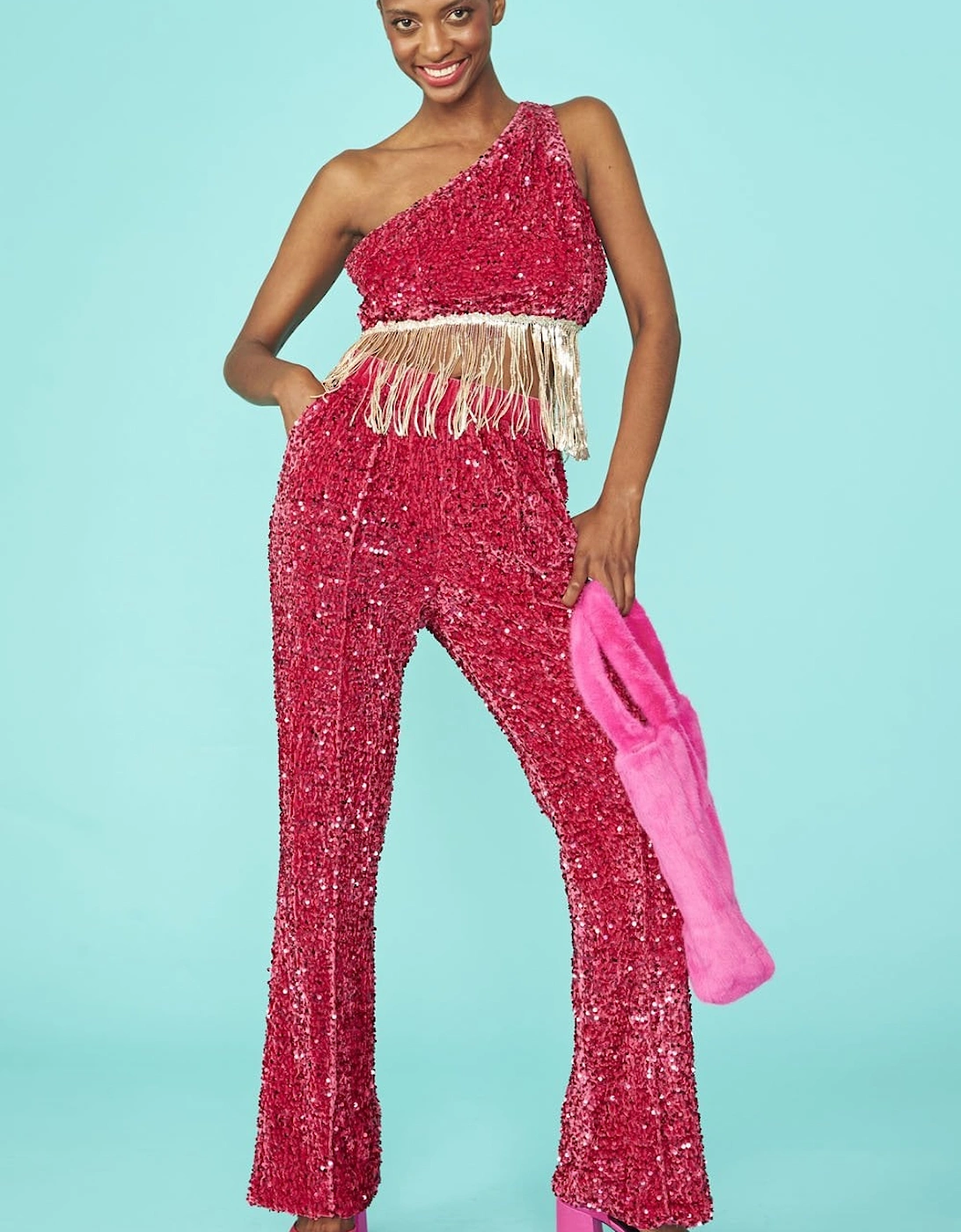 Pink Sequin One shoulder cropped top with Sequin Tassels