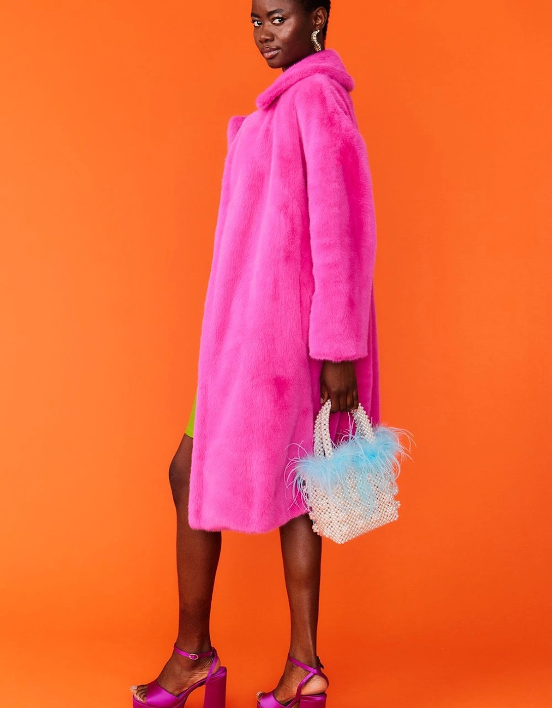 Pink Faux Fur Midi Coat