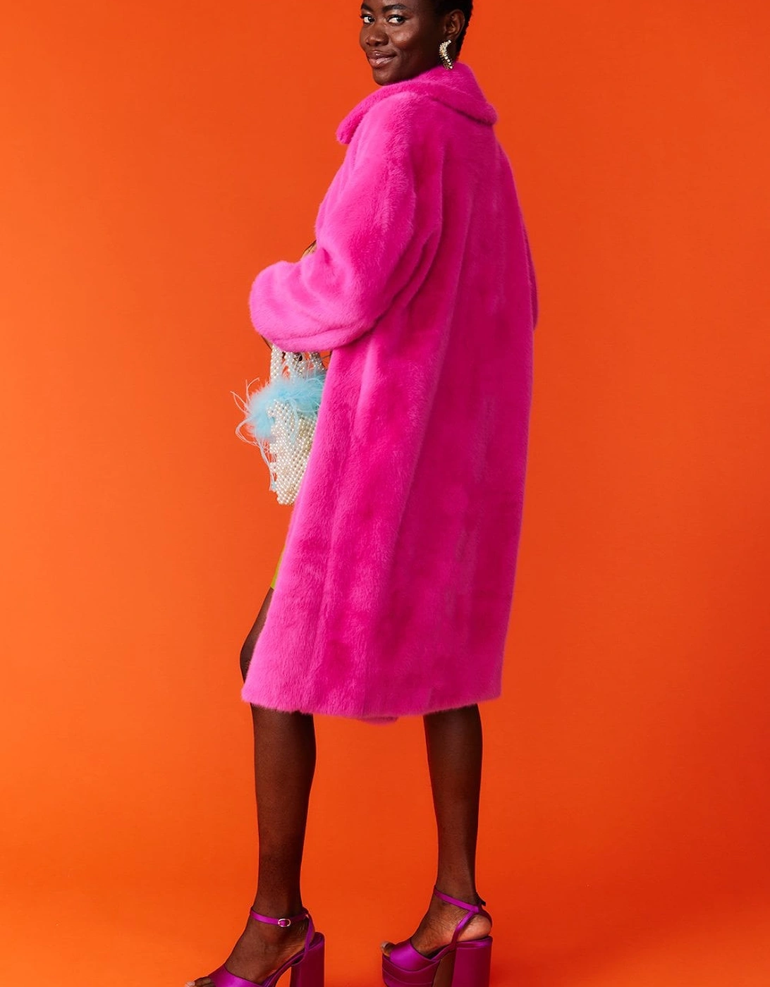 Pink Faux Fur Midi Coat