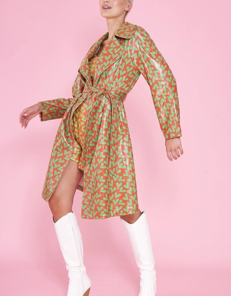 Faux Suede Heart Print Trench Coat