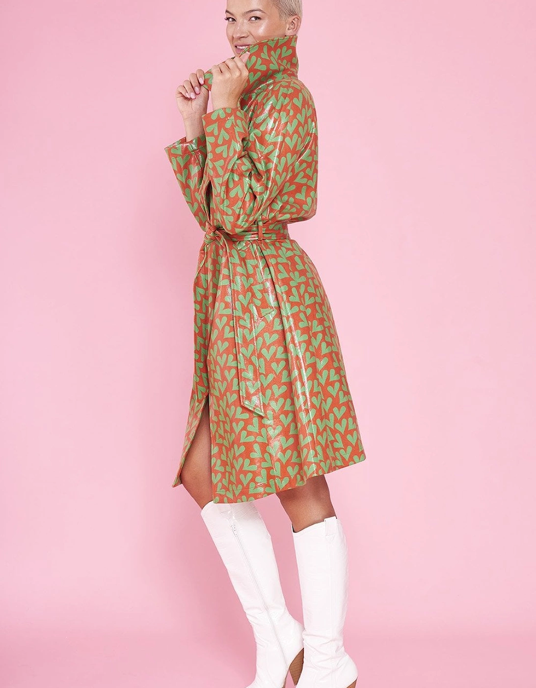 Faux Suede Heart Print Trench Coat