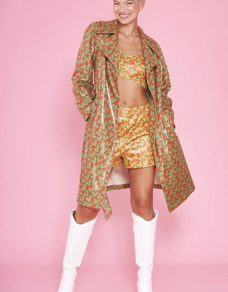 Faux Suede Heart Print Trench Coat