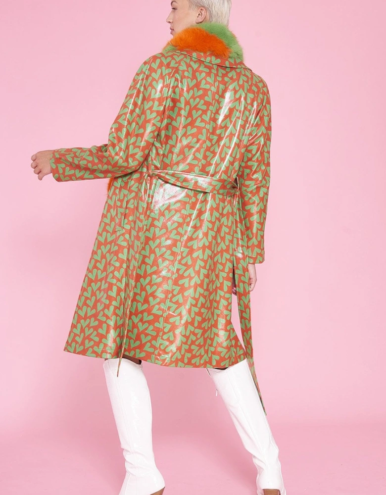 Faux Suede Heart Print Trench Coat