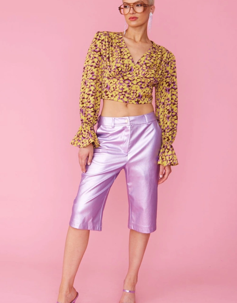 Yellow and Purple Silk Blend Cropped Blouse