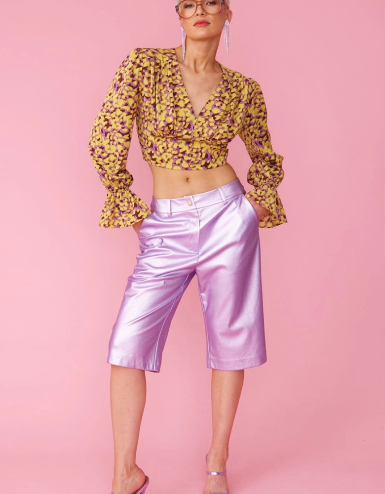 Yellow and Purple Silk Blend Cropped Blouse