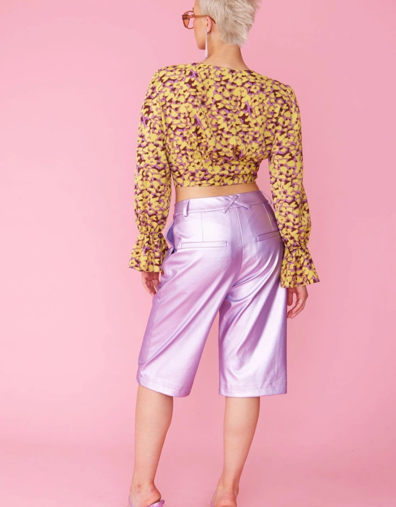 Yellow and Purple Silk Blend Cropped Blouse