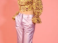 Yellow and Purple Silk Blend Cropped Blouse