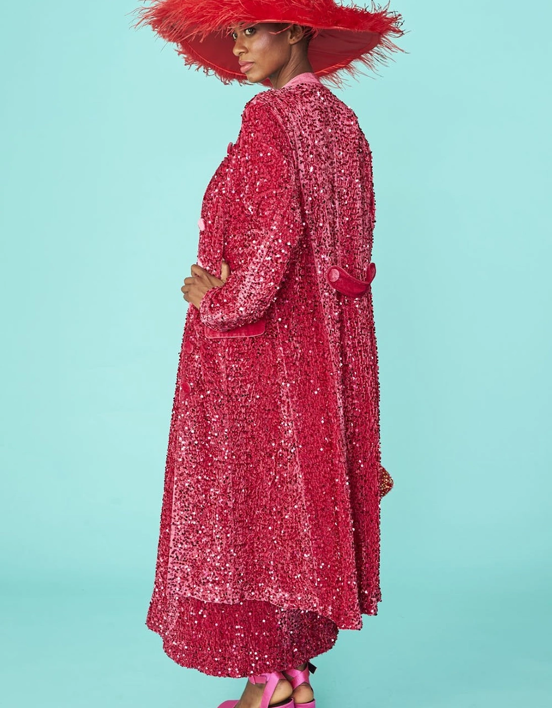 Pink Velvet Sequin Trench Coat