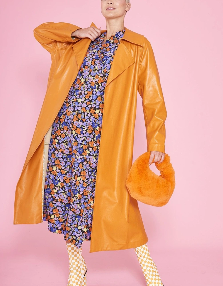 Orange Eco Leather Trench Coat with Botanical Print Panel