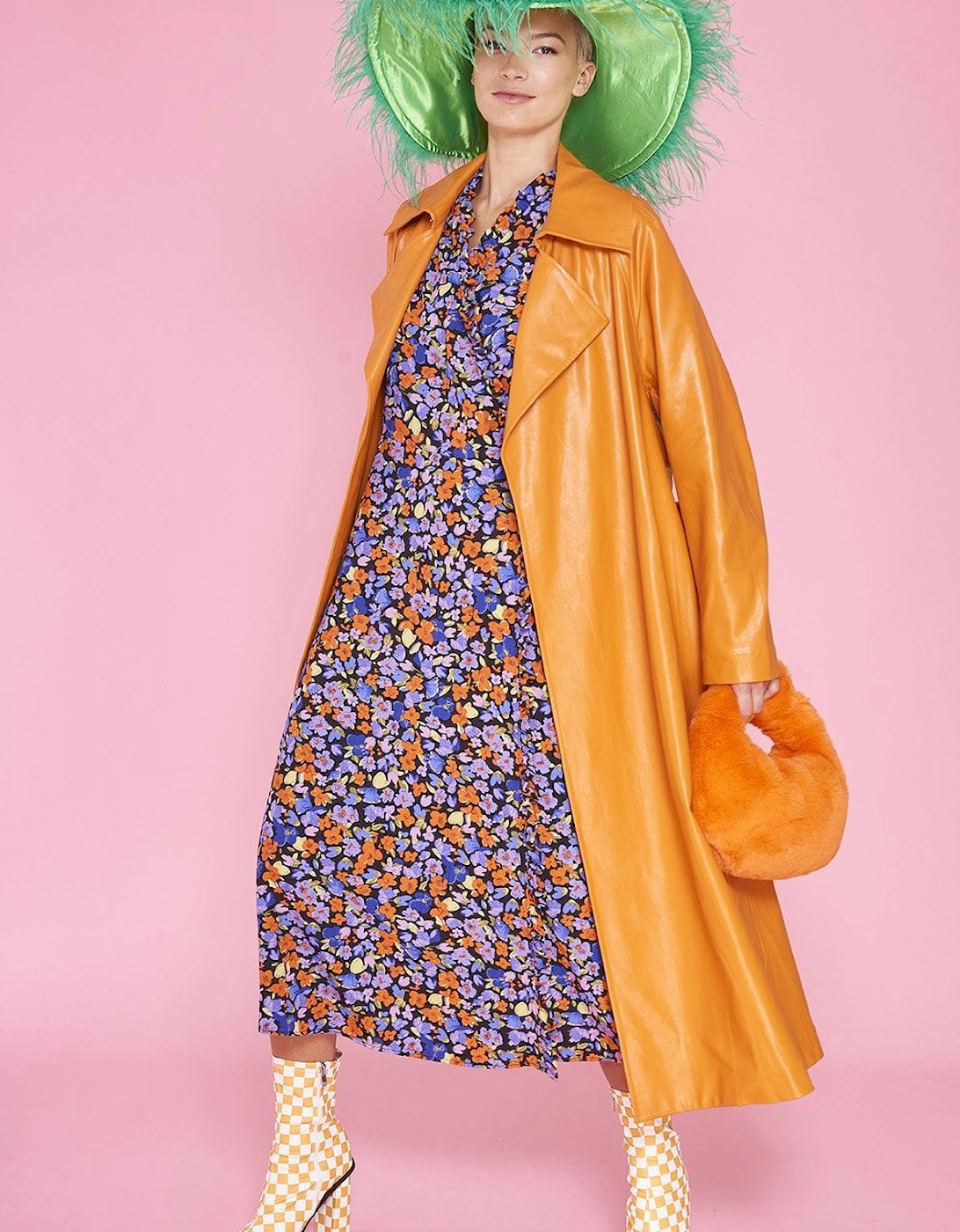 Orange Eco Leather Trench Coat with Botanical Print Panel