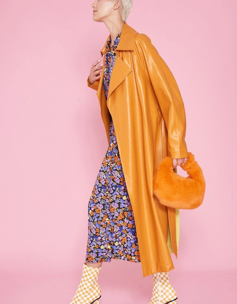 Orange Eco Leather Trench Coat with Botanical Print Panel