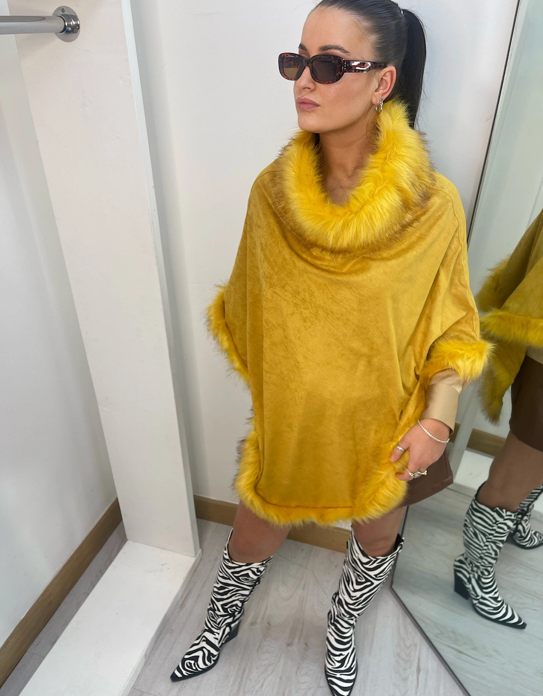 Yellow Faux Suede and Faux Fur Poncho, 5 of 4