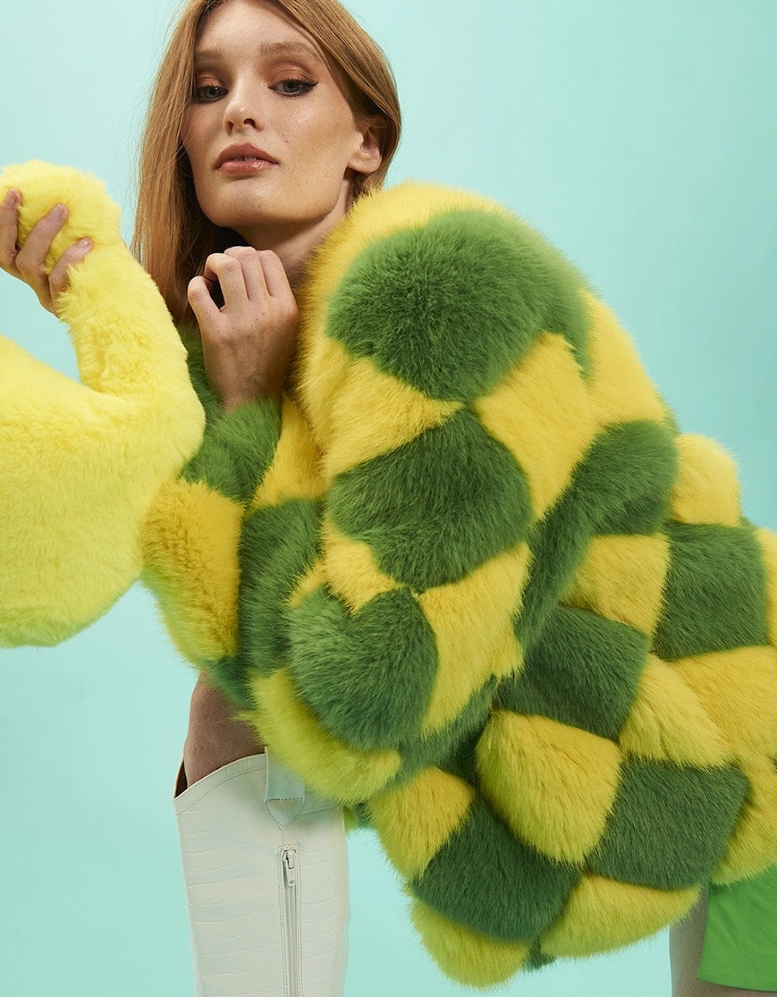 Yellow and Green Delilah Diamond Faux Fur Coat, 6 of 5
