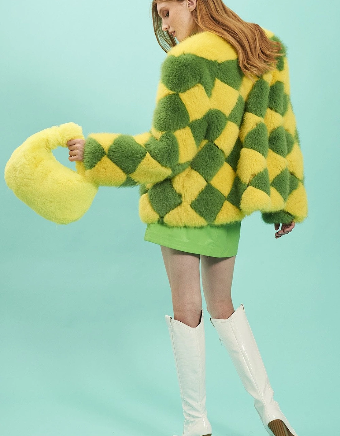 Yellow and Green Delilah Diamond Faux Fur Coat