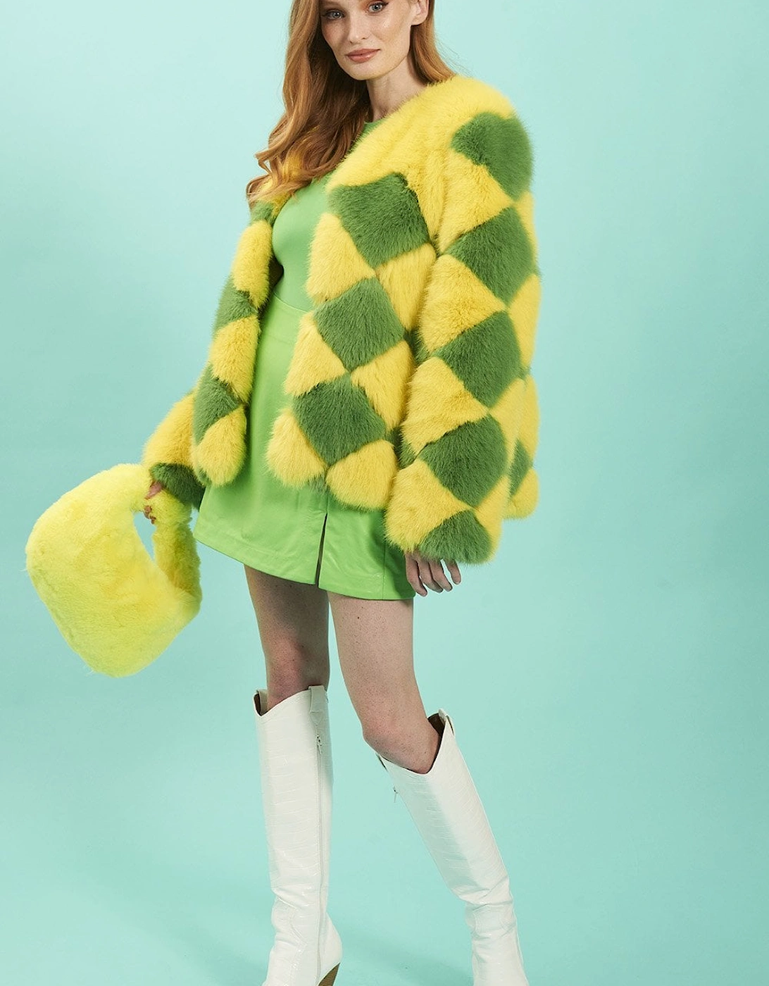 Yellow and Green Delilah Diamond Faux Fur Coat