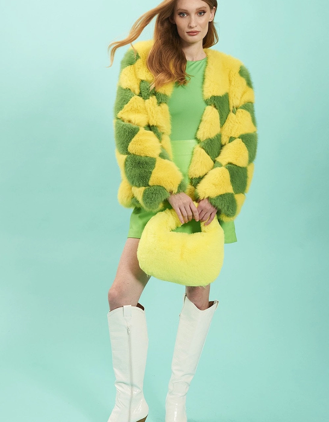 Yellow and Green Delilah Diamond Faux Fur Coat