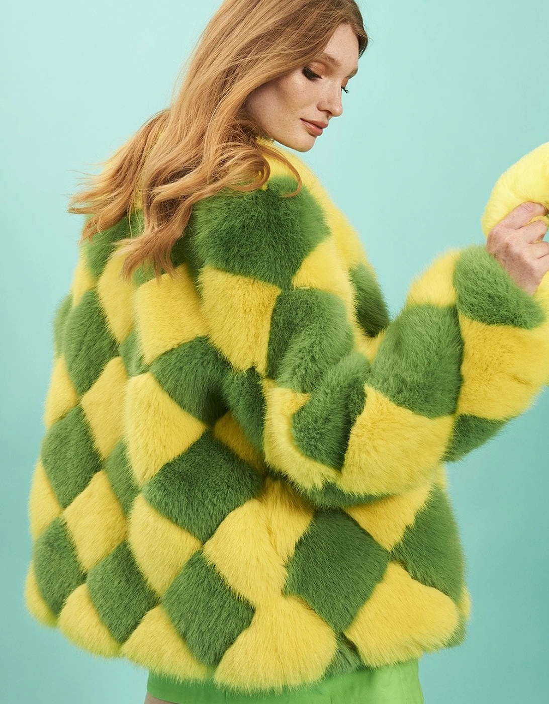 Yellow and Green Delilah Diamond Faux Fur Coat