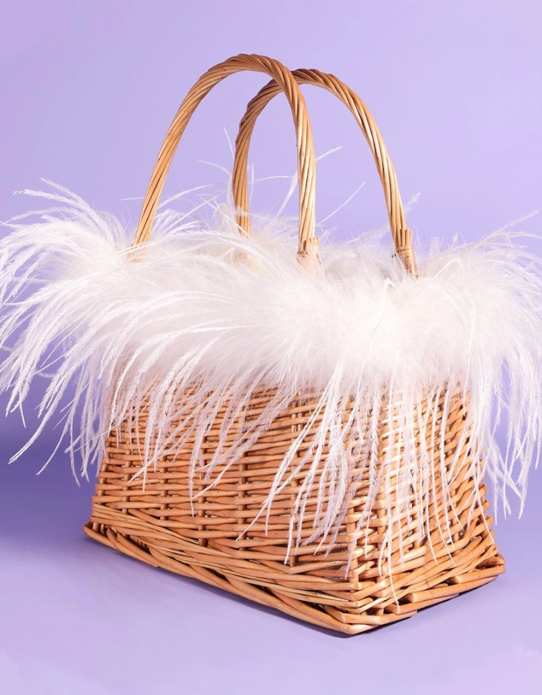 White Hand Made Salines Straw Bag with Ostrich Feather