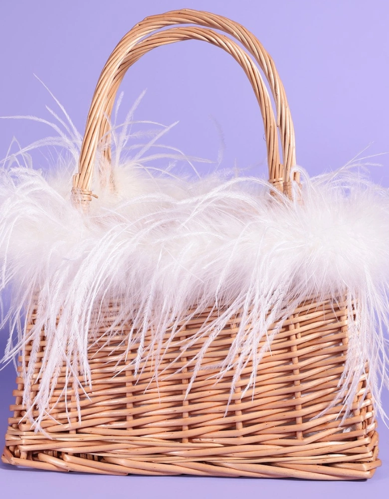 White Hand Made Salines Straw Bag with Ostrich Feather