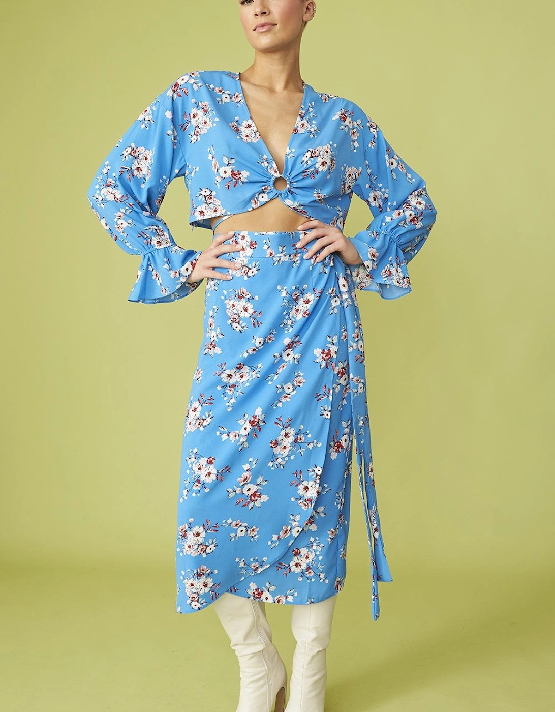 Blue Floral Print Wrap Skirt Co-ord