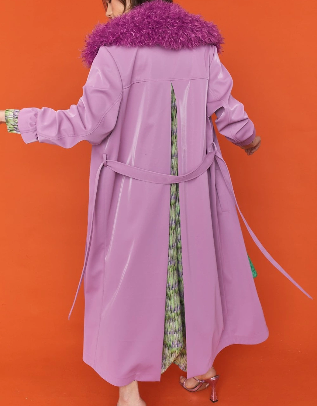 Faux Suede Lilac Trench Coat with Faux Shearling Collar