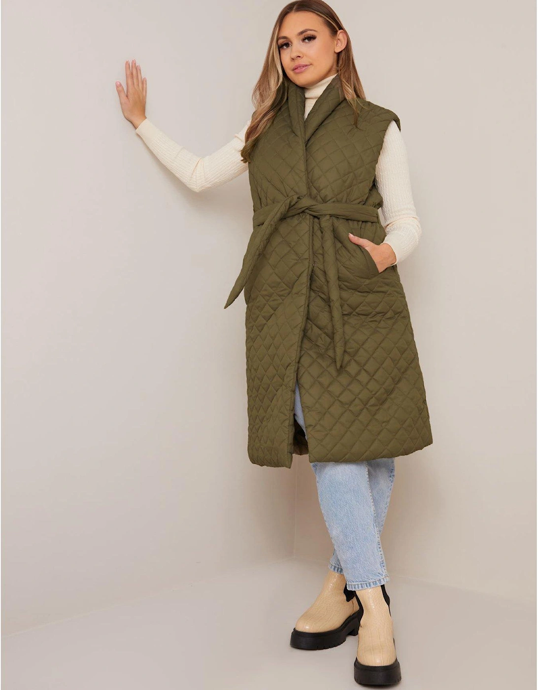 Diamond Quilted Longline Belted Gilet - Khaki, 6 of 5