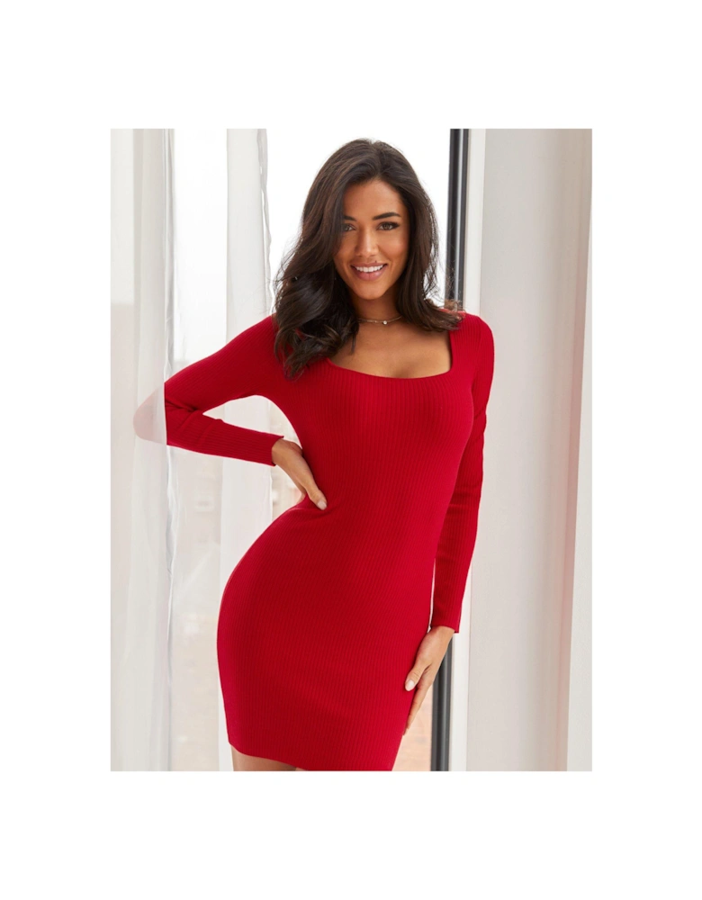 Sasha Rib Knit Square Neck Mini Dress - Red