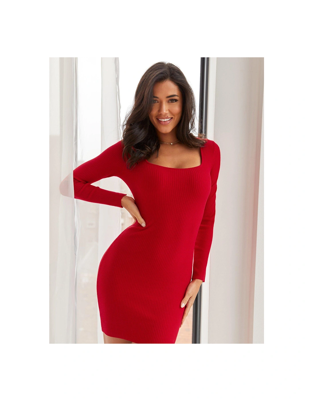 Sasha Rib Knit Square Neck Mini Dress - Red, 2 of 1