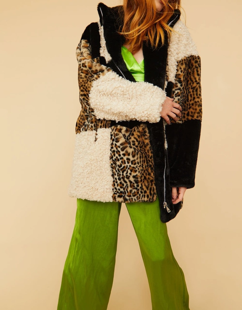 Midi Checkered Leopard Print and Shearling Faux Fur Coat