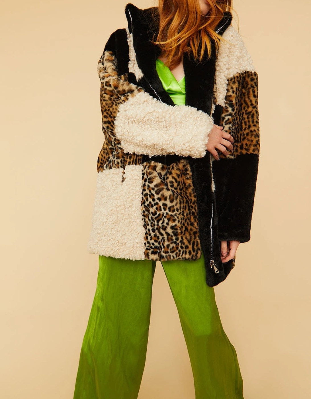 Midi Checkered Leopard Print and Shearling Faux Fur Coat, 6 of 5