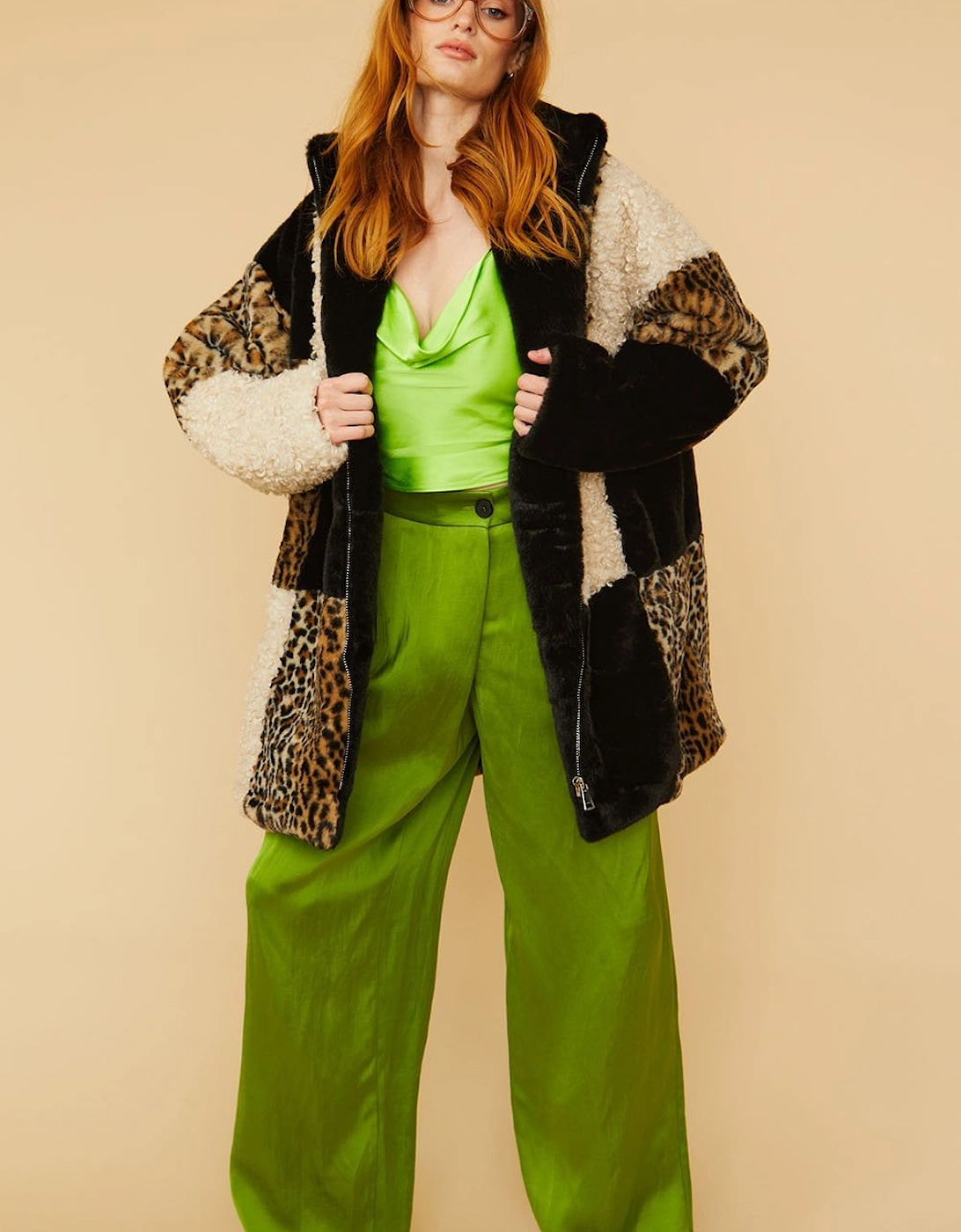 Midi Checkered Leopard Print and Shearling Faux Fur Coat