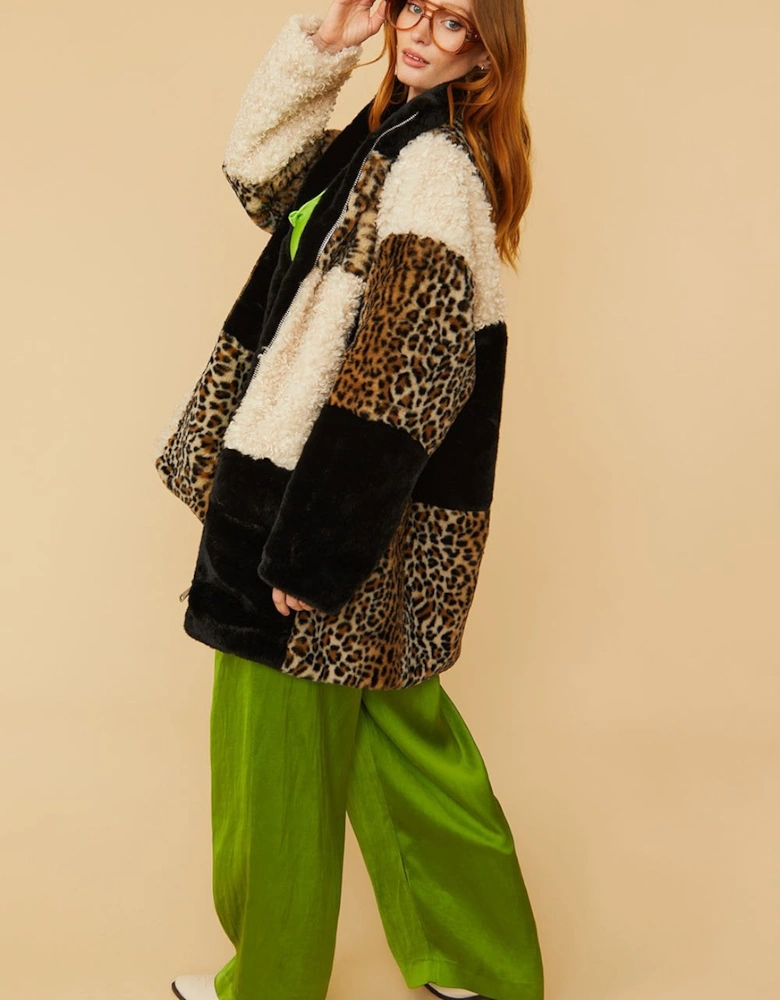 Midi Checkered Leopard Print and Shearling Faux Fur Coat