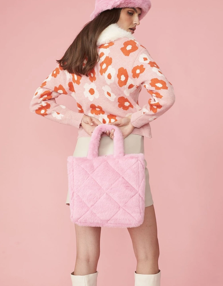 Pink Faux Fur Diamond Stitch Tote Bag
