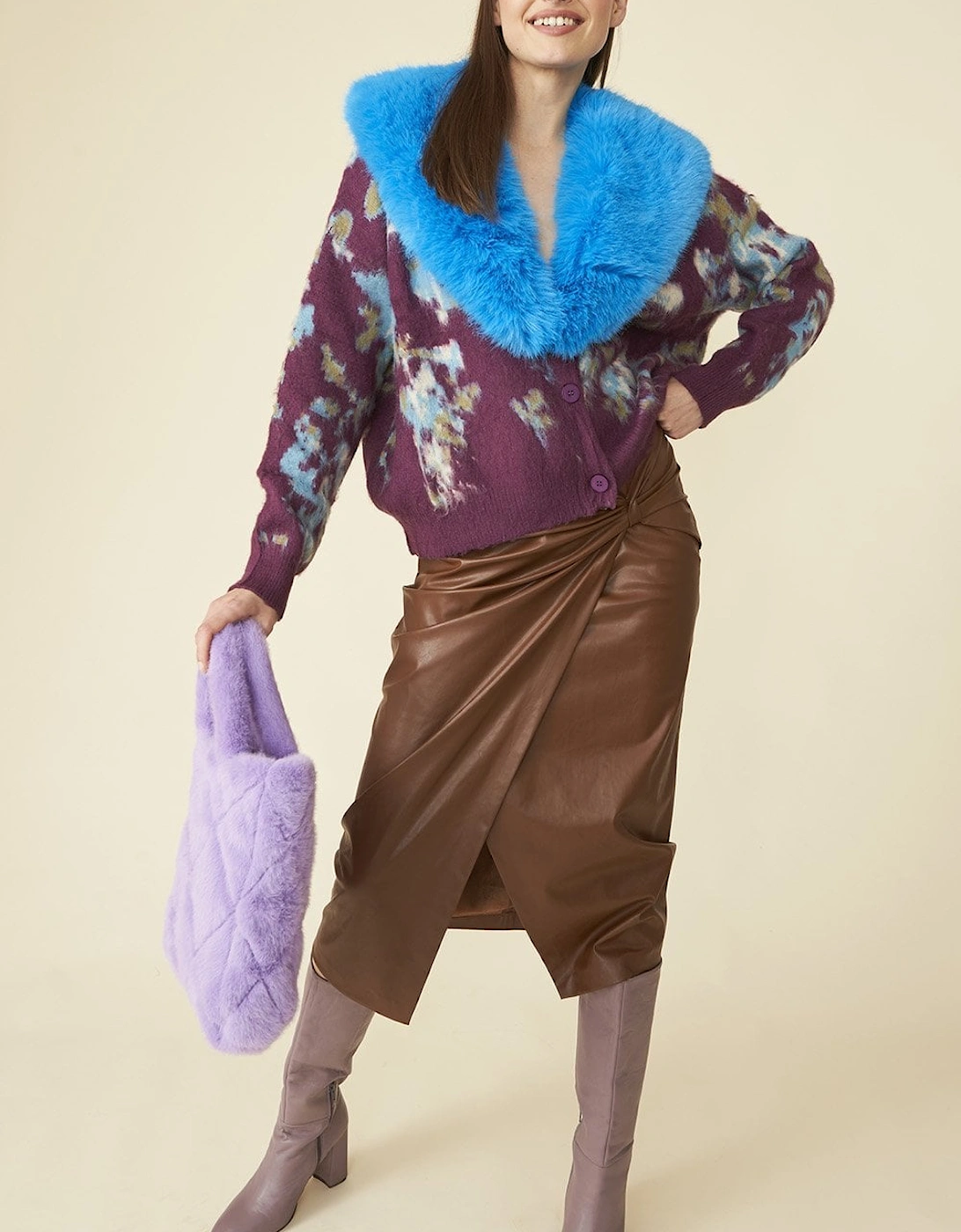 Purple Banana Peel Floral Cardigan with Blue Faux Fur Collar