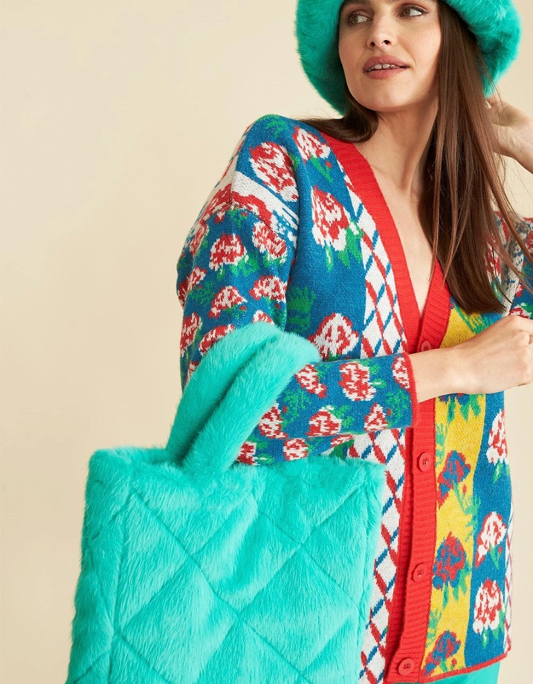 Turquoise Faux Fur Diamond Stitch Tote Bag