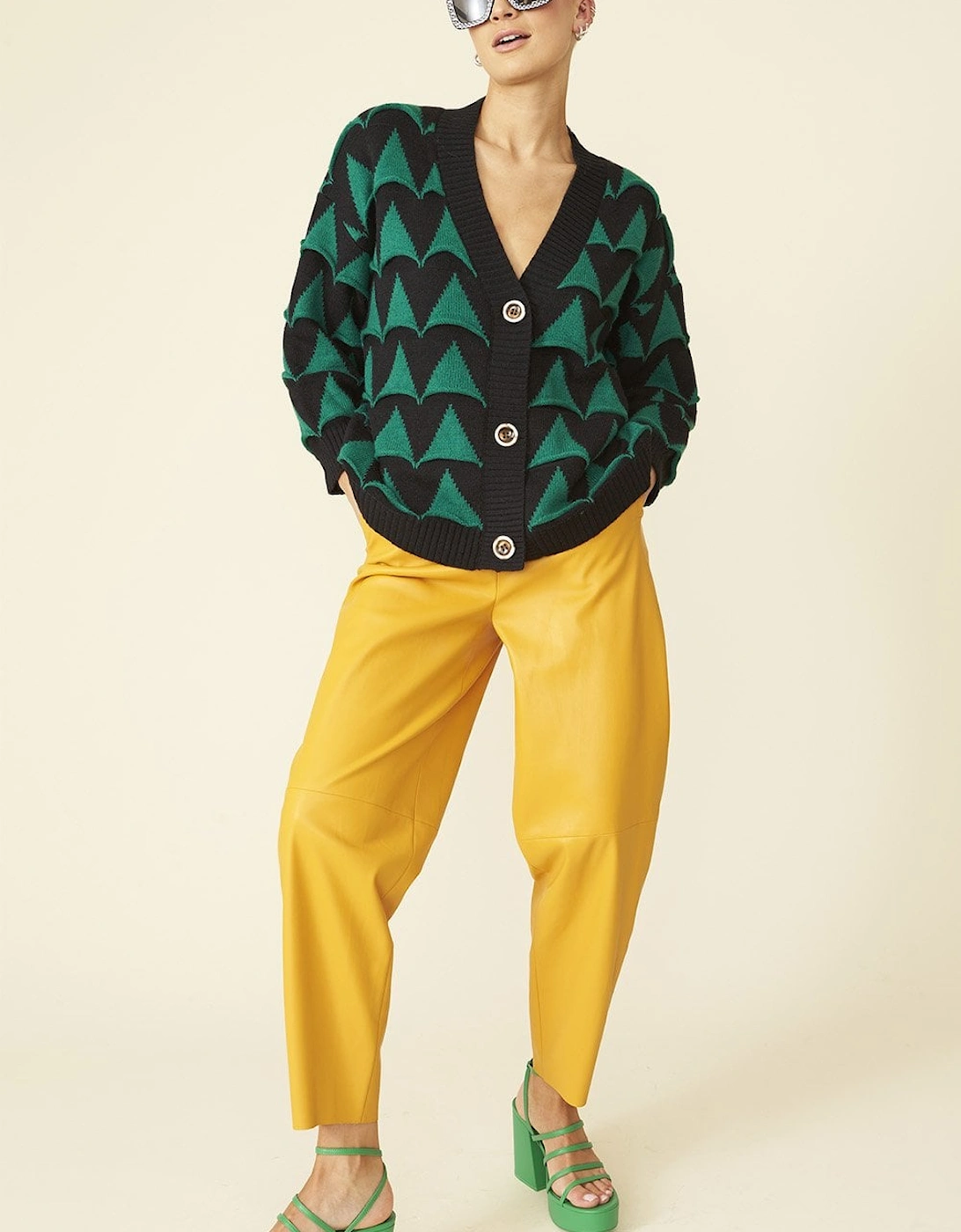 Banana Peel Geometric Cardigan with Green Faux Fur Collar
