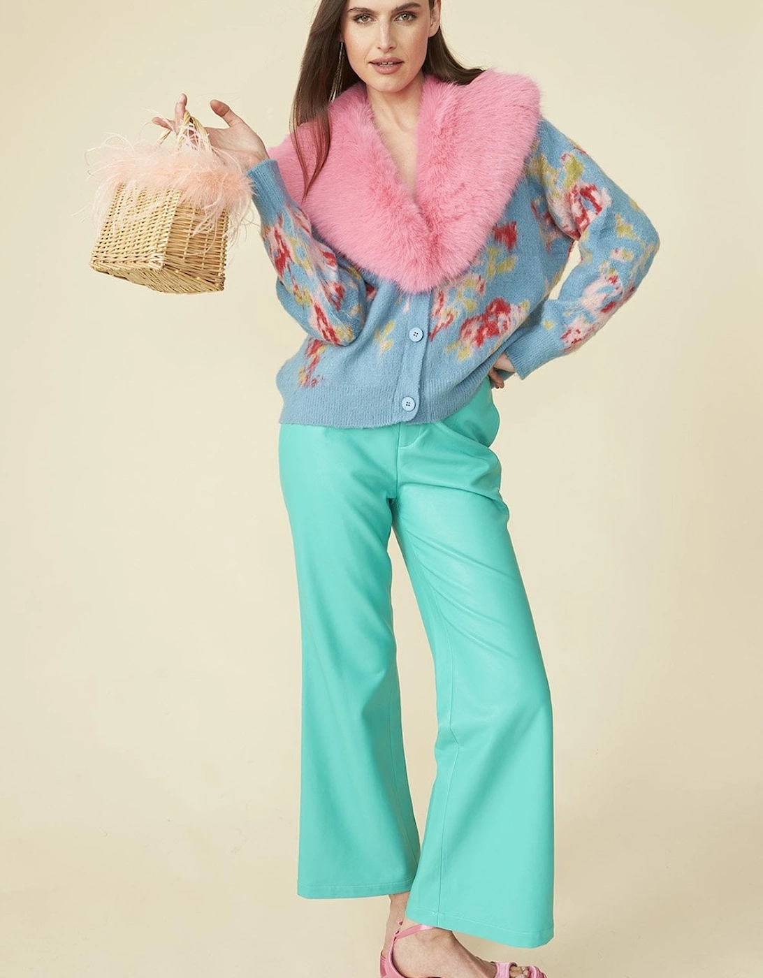 Blue Banana Peel Floral Cardigan with Pink Faux Fur Collar