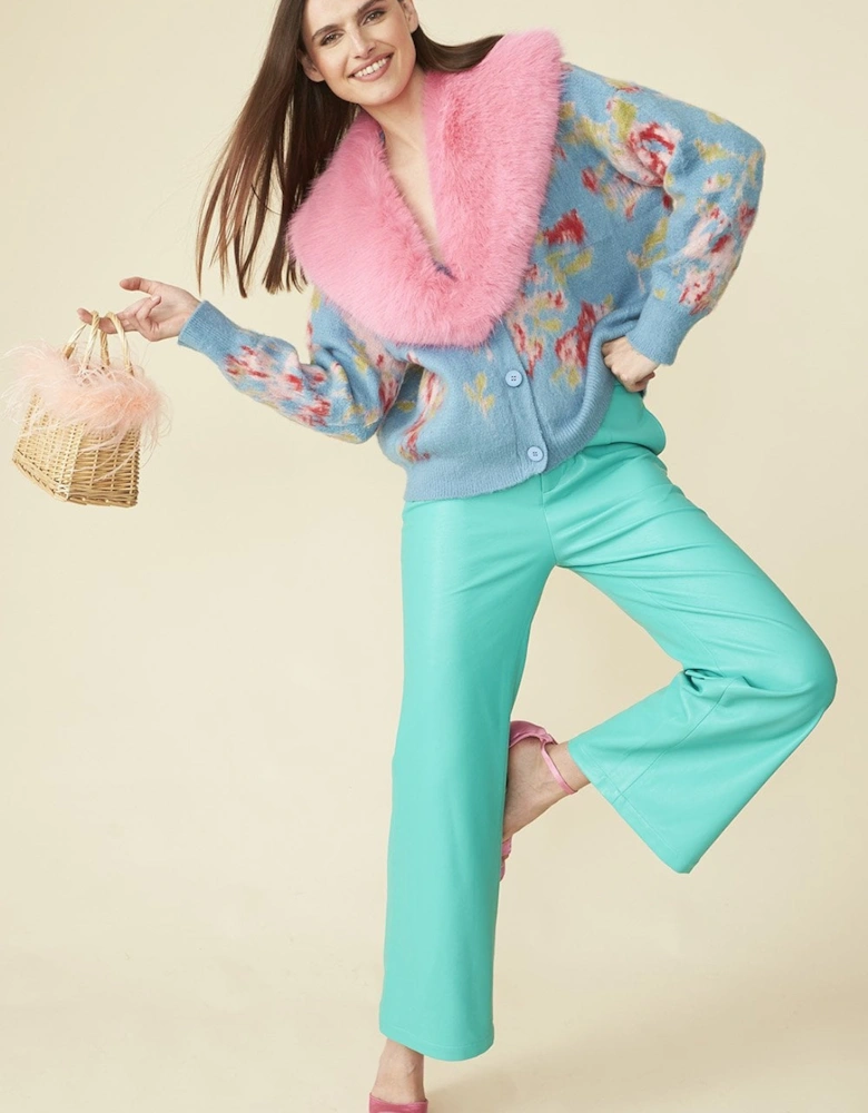 Blue Banana Peel Floral Cardigan with Pink Faux Fur Collar