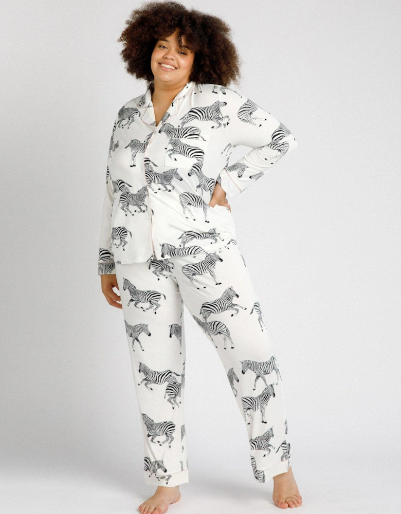 Curve Button Up Zebra Printed Long Pyjamas Set - White