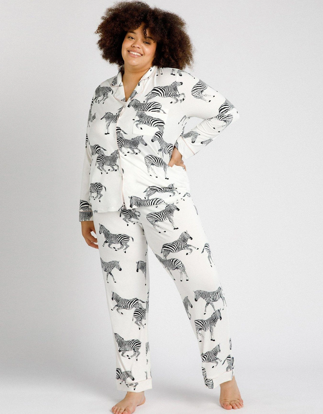 Curve Button Up Zebra Printed Long Pyjamas Set - White, 2 of 1