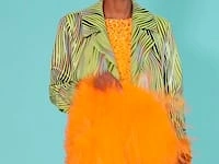Orange Sequin Cropped Long Sleeve Top with Feather Trim