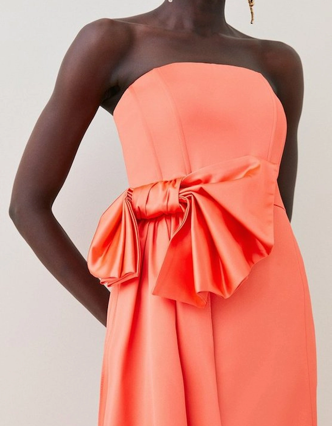 Italian Structured Satin Bandeau Bow Detail Pencil Midi Dress