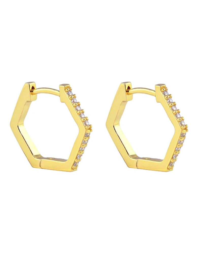 18ct Gold Plated Sterling Silver Hexagonal CZ Huggie Earrings