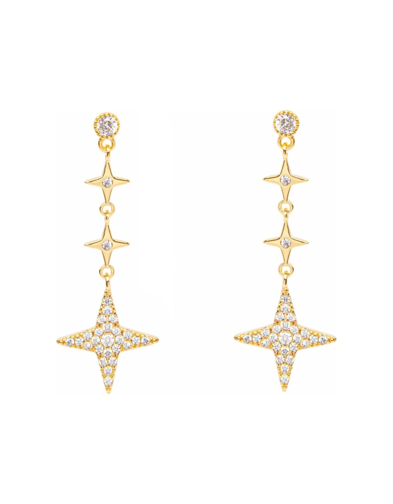 18ct Gold Plated Sterling Silver Star CZ Long Drop Earrings