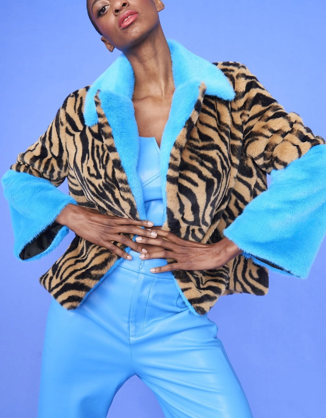 Blue and Leopard Print Faux Fur Coat, 5 of 4