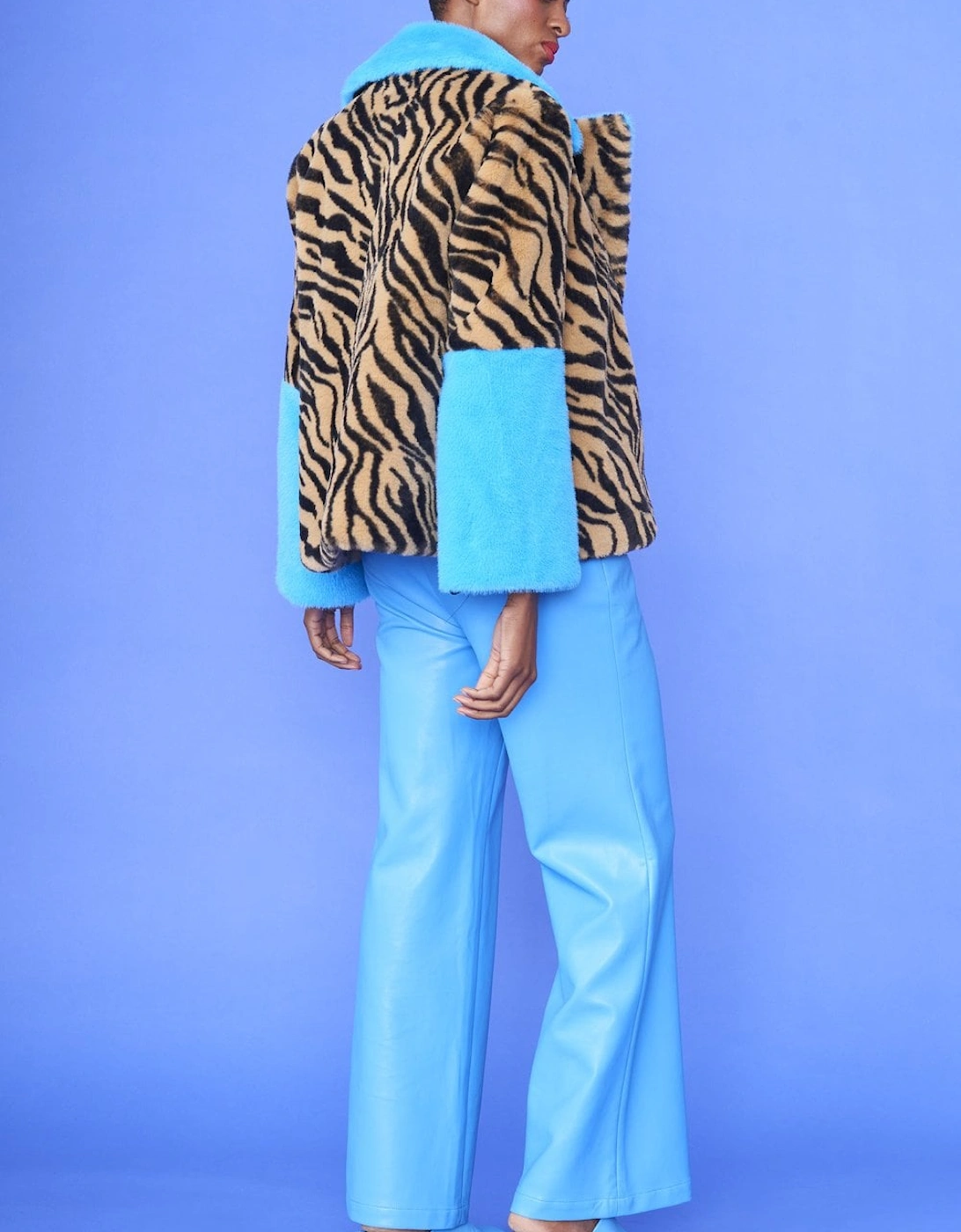 Blue and Leopard Print Faux Fur Coat